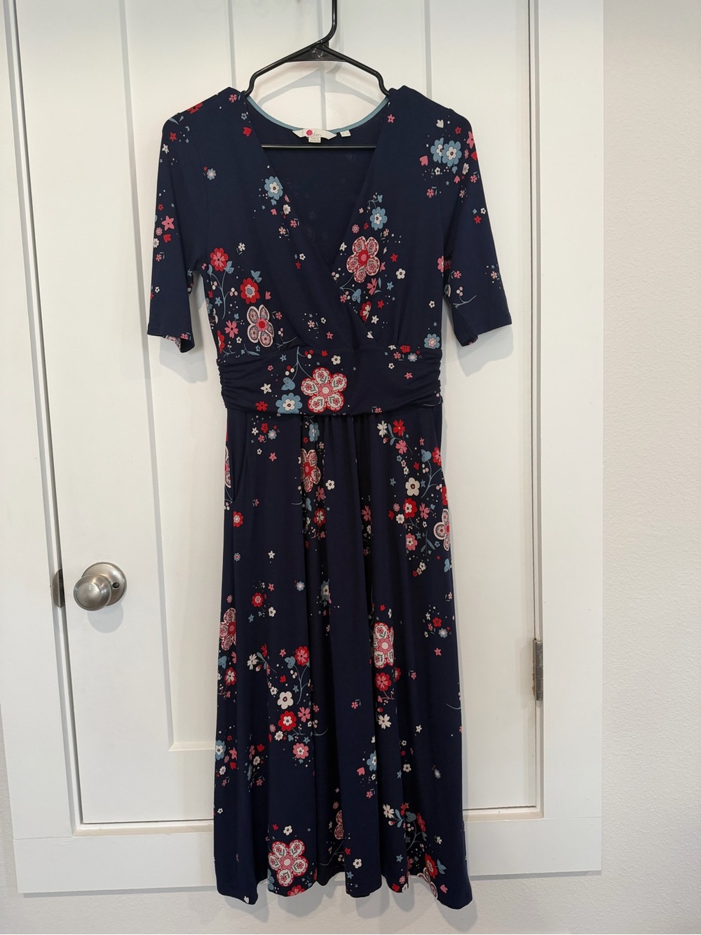 Boden Navy Floral Midi Dress with Red & Light Blue Blooms